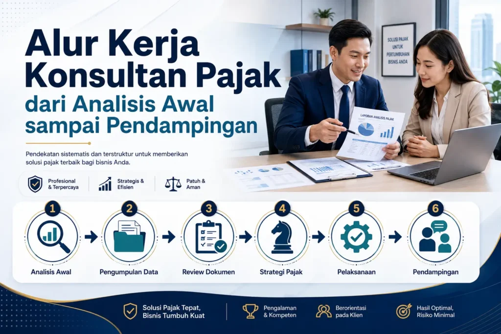 Konsultan pajak menjelaskan hasil analisis perpajakan kepada klien
